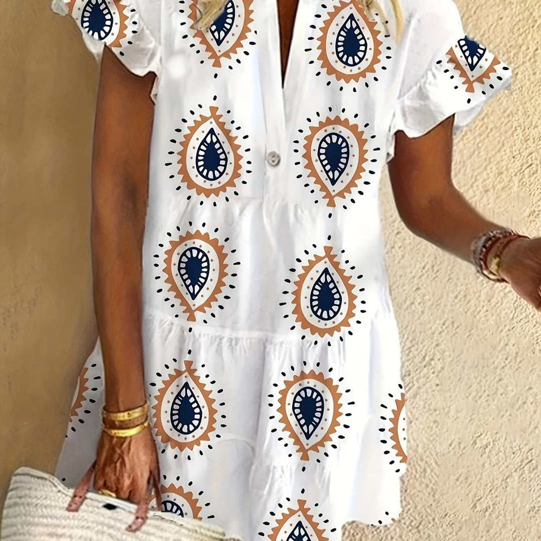 Woman wearing a white boho flowy draped midi dress with a relaxed, elegant silhouette