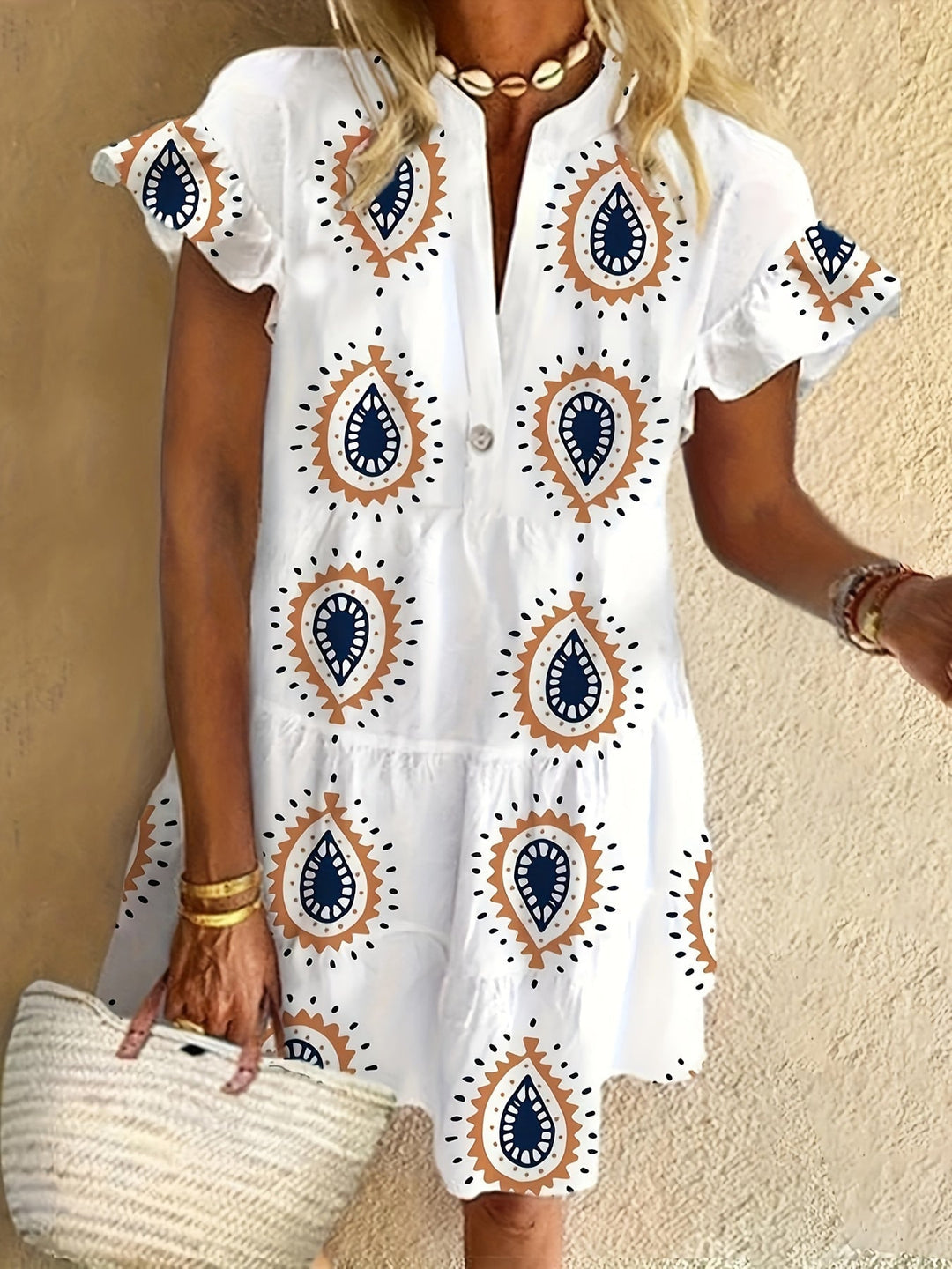 Front view of the Presley white boho midi dress showing the soft, flowing fabric and feminine fit