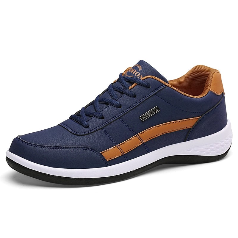 PrimeWalk orthopedic sport shoes in blue with ergonomic sole and gel cushioning, side view