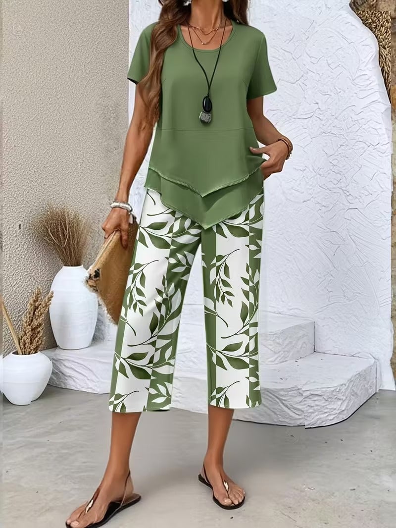 Women's leaf print two piece set with solid short-sleeve top and relaxed botanical print pants in green