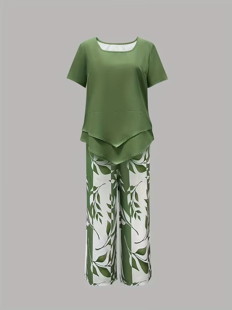 Close-up of leaf print pants fabric detail in green two piece coordinated set