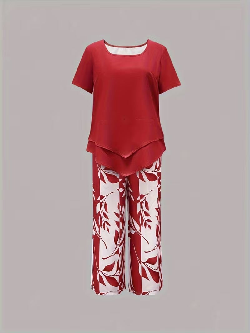 Detail shot of solid short-sleeve top from the women's leaf print two piece set in red