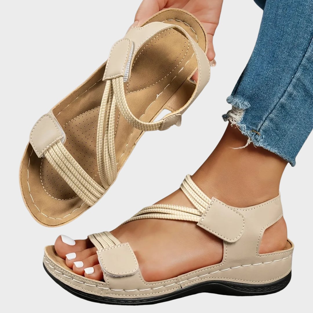 Priscilla casual comfort sandals in blue with dual elastic straps and hook-and-loop closure, front view