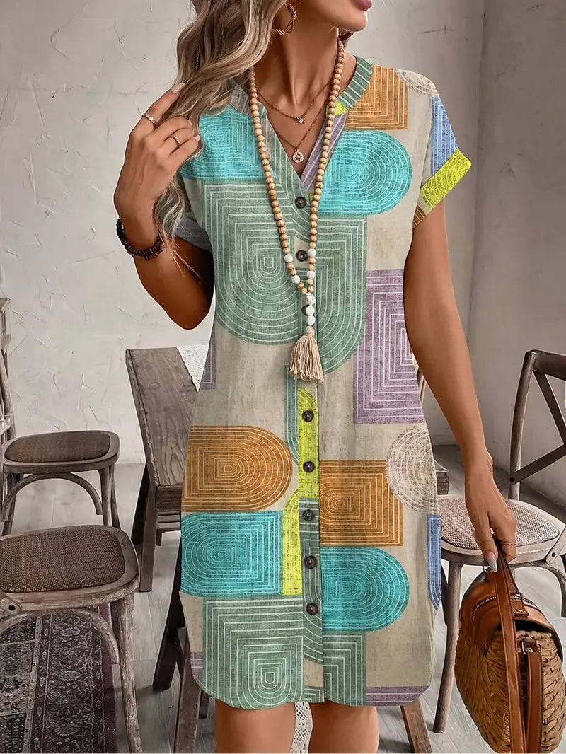 Front view of the Prism geometric print mini dress in multicolor teal, terracotta, lavender, and yellow with a button-front V-neckline