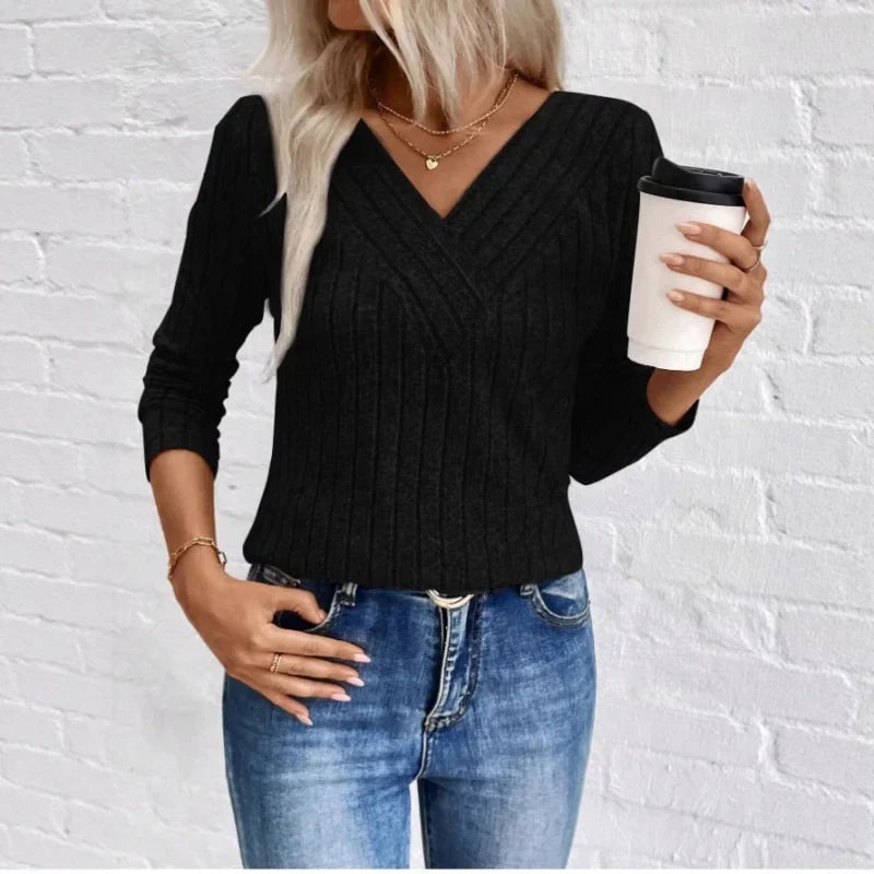 Close-up of the subtle recessed stripe texture on the Florimay sunken stripe sweater in gray