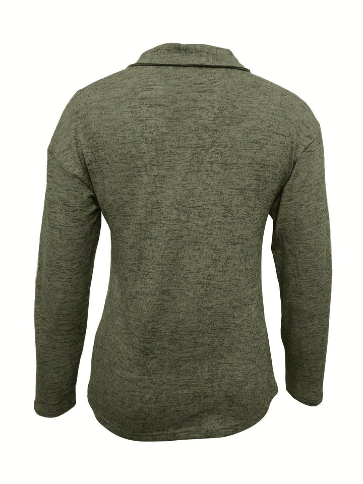Side view of the Quinn half-zip pullover showing length and relaxed fit