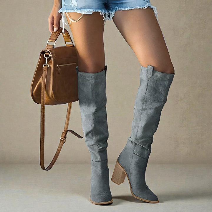 Rachael orthopedic knee-high boot in brown vegan leather shown from a front three-quarter angle