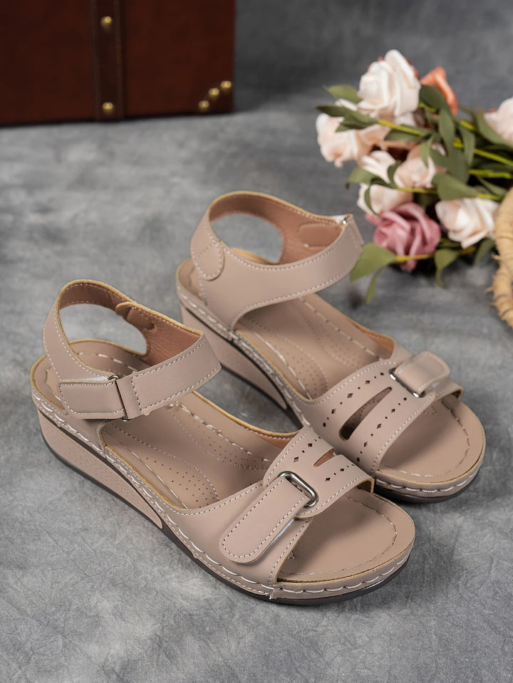 Rae women's platform cushioned wedge sandal in beige, side profile view