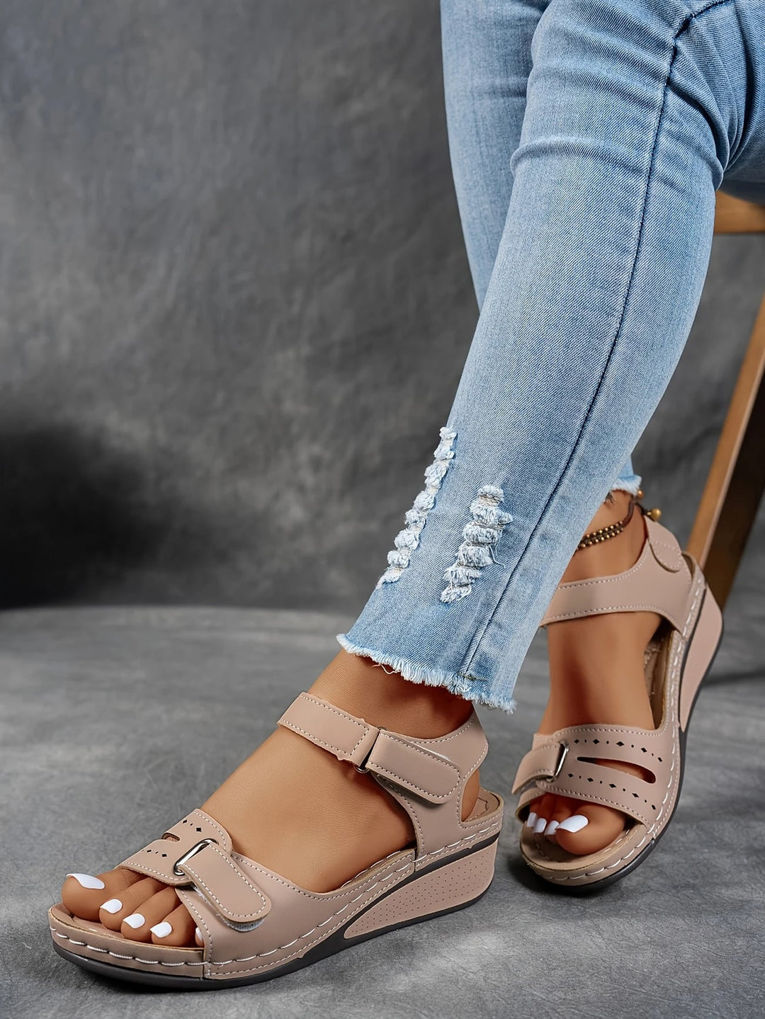 Rae women's platform cushioned wedge sandal in tan, back view showing adjustable strap