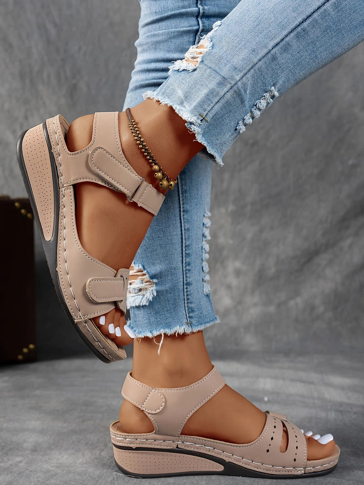 Rae women's platform cushioned wedge sandal in tan, top-down view showing cushioned footbed
