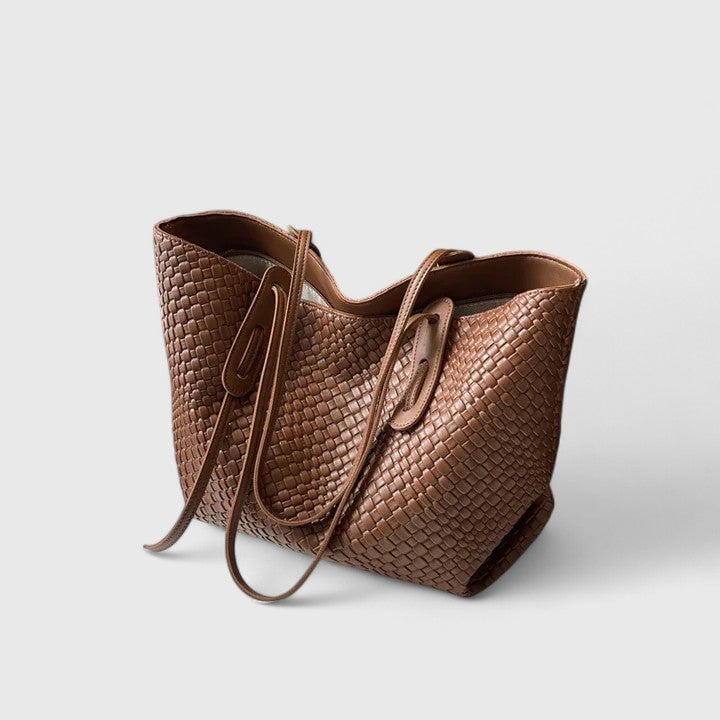 Woven tote bag in coffee brown shown from the front
