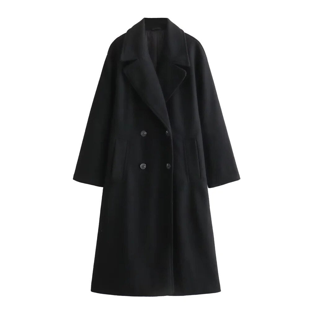 Model wearing the Ramona elegant long coat in a relaxed tailored silhouette, styled for a polished everyday look