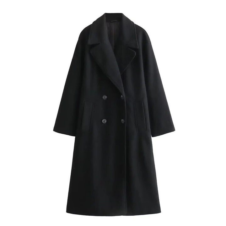 Model wearing the Ramona elegant long coat in a relaxed tailored silhouette, styled for a polished everyday look