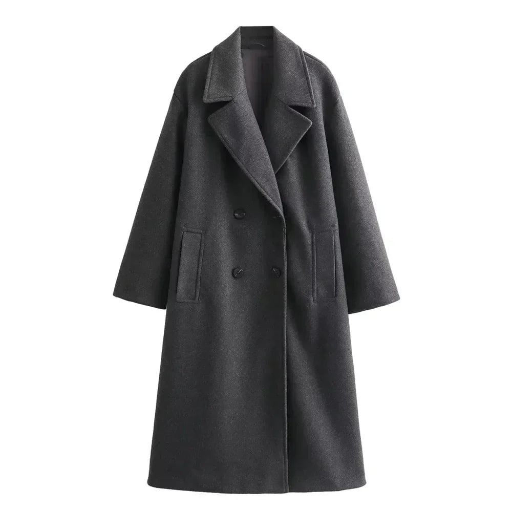 Front view of the Ramona long coat showing classic button closure and refined stitching detail