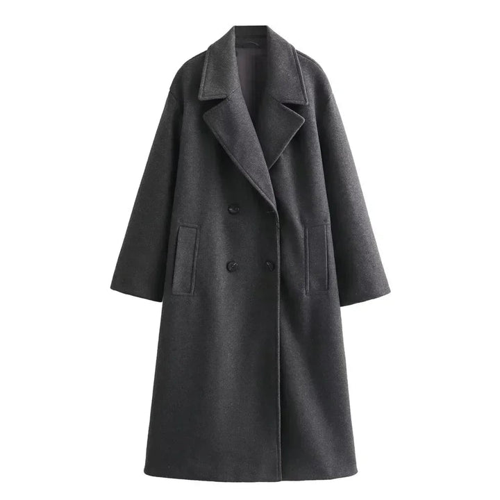Front view of the Ramona long coat showing classic button closure and refined stitching detail
