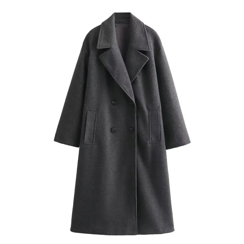 Front view of the Ramona long coat showing classic button closure and refined stitching detail