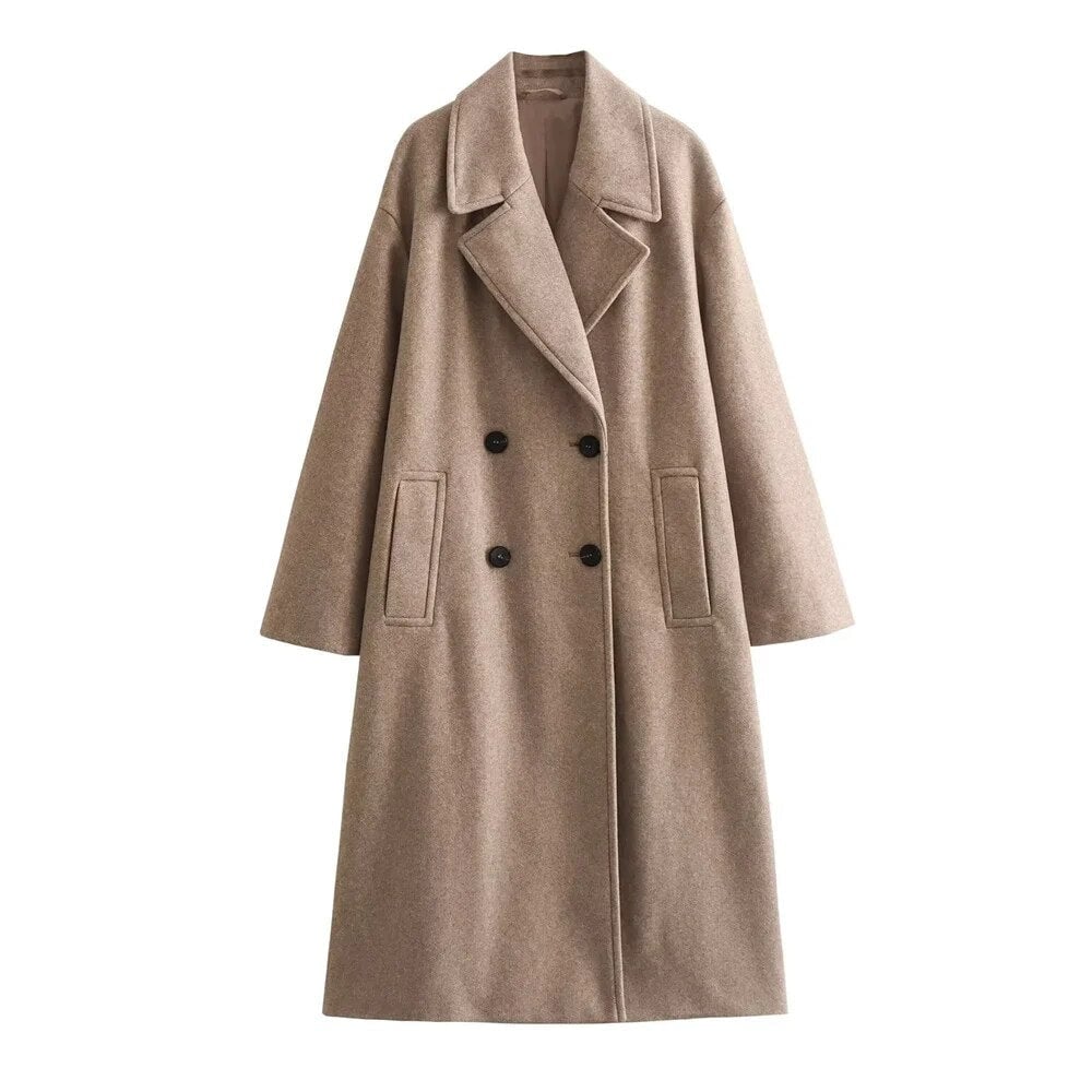 Side profile of the Ramona elegant coat demonstrating its elongating tailored cut