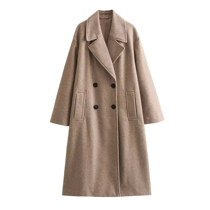 Side profile of the Ramona elegant coat demonstrating its elongating tailored cut