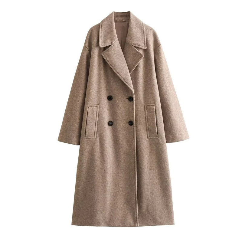 Side profile of the Ramona elegant coat demonstrating its elongating tailored cut