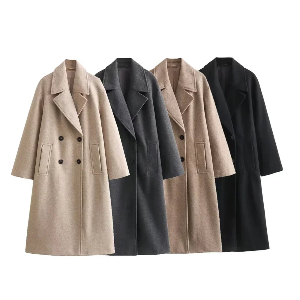 Back view of the Ramona long coat showcasing its clean, streamlined silhouette