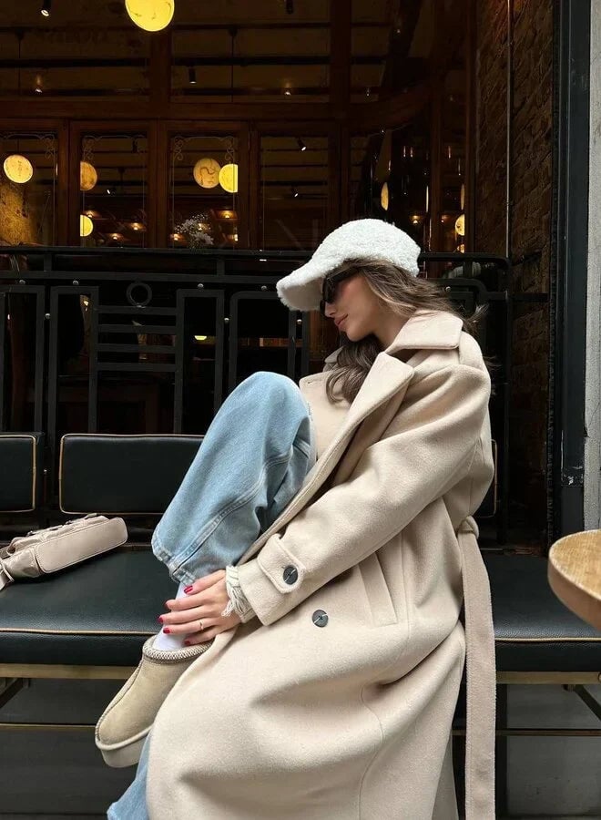 Model wearing the Ramona coat in Gray, showing full-length drape and shoulder fit