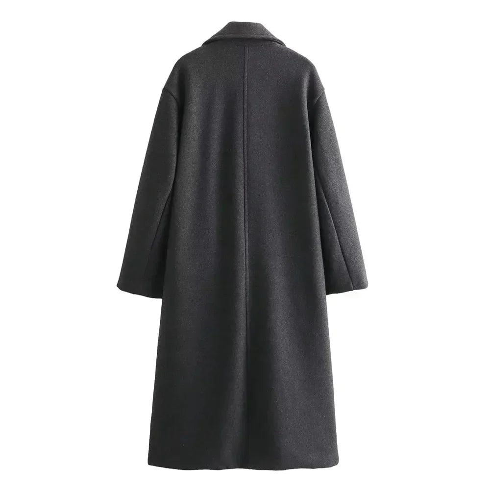 Ramona elegant coat in Khaki displayed on a hanger highlighting color and fabric quality