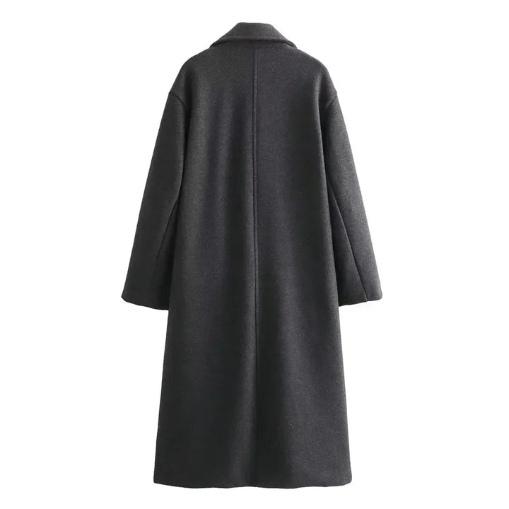 Ramona elegant coat in Khaki displayed on a hanger highlighting color and fabric quality