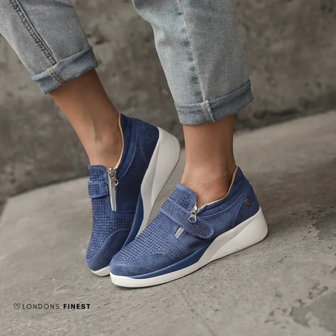 Ramona women's orthopedic shoe in blue displayed on a clean white background, front three-quarter view