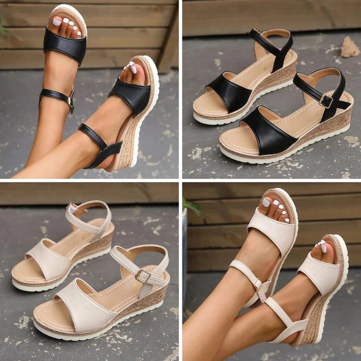 Overhead flat-lay of the Ramona women's sandals in beige and black side by side