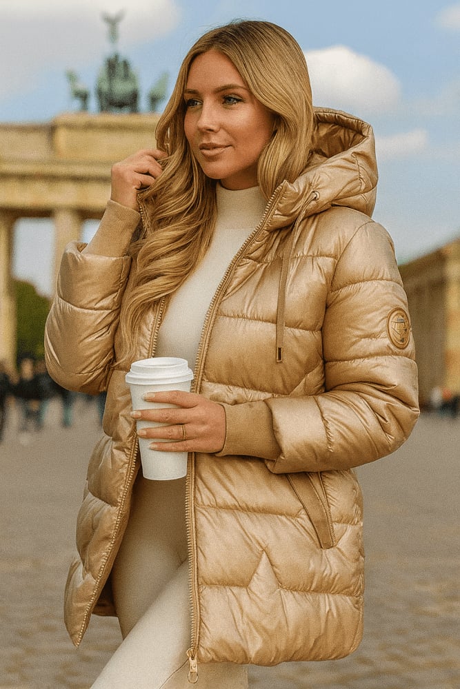 Woman in Raven black winter coat outdoors on a cold day demonstrating warmth and style