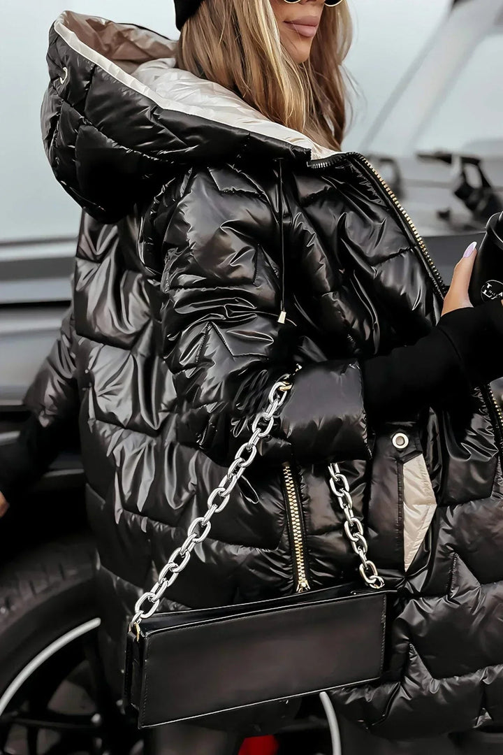 Lifestyle image of the Raven winter coat in beige worn during a casual city outing
