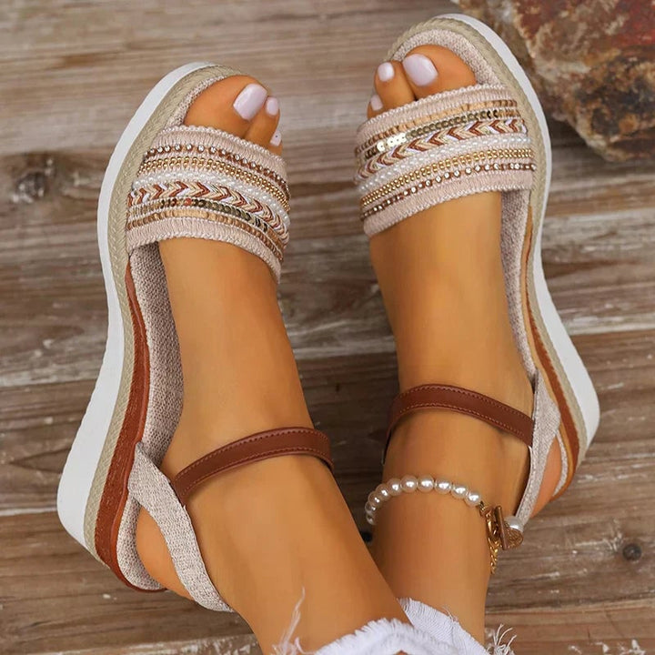 Rear view of the Raven women's adjustable beige sandals showing the heel strap and sole construction