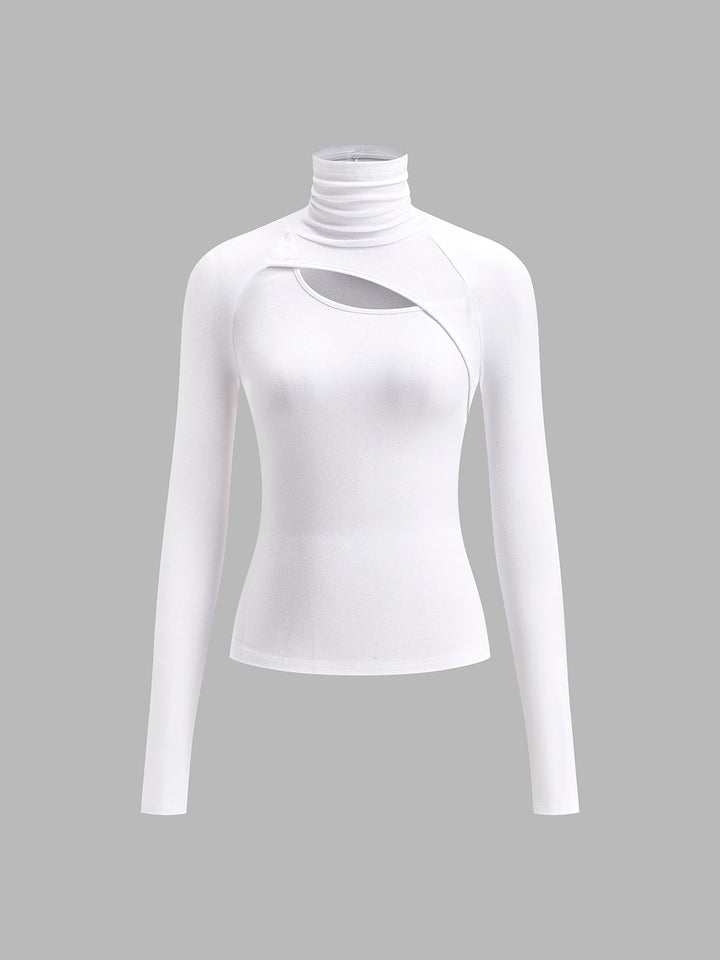 Close-up of the asymmetric chest cutout detail on the Ravena fitted turtleneck top in black