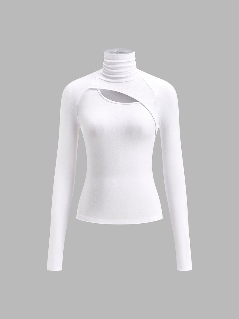 Close-up of the asymmetric chest cutout detail on the Ravena fitted turtleneck top in black
