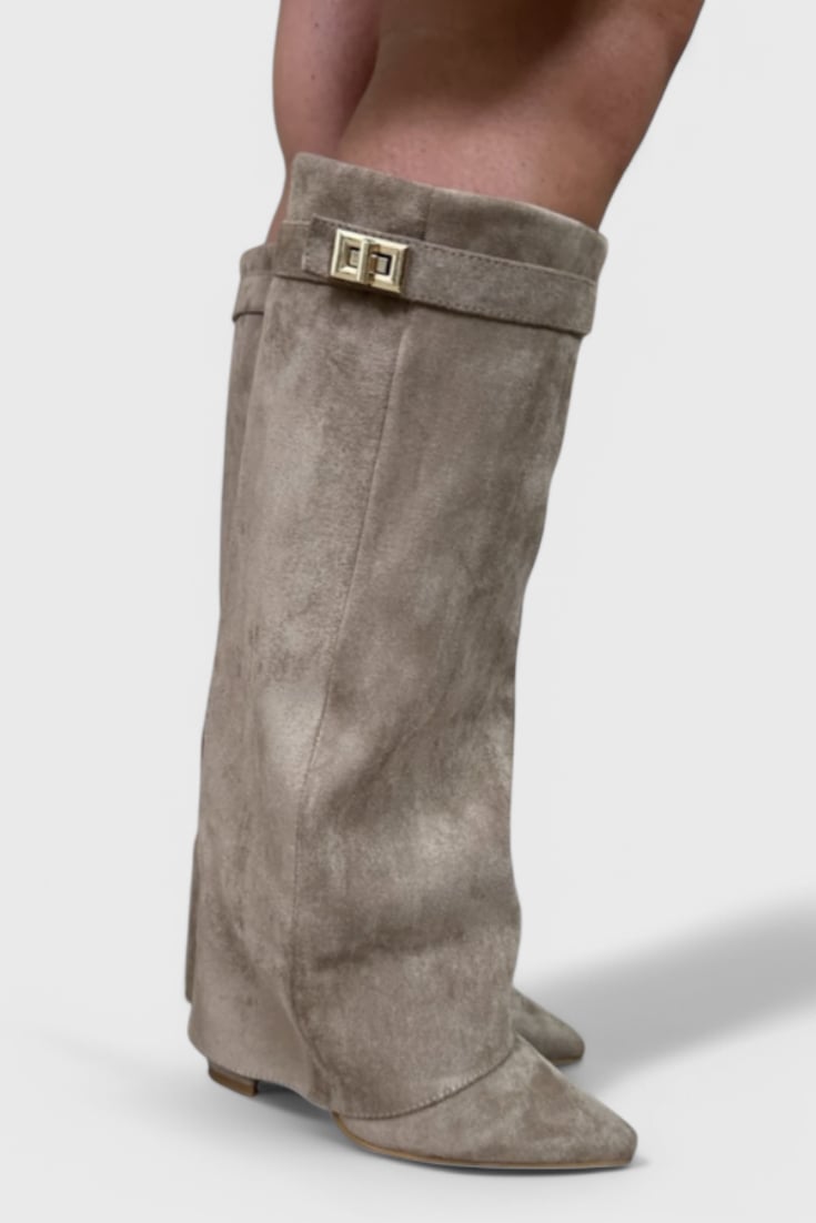 Raya sleek boots in gray styled with tailored trousers, side profile view