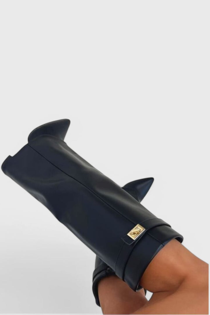 Overhead flat lay of all five Raya boot color options: beige, apricot, gray, black suede, black faux leather