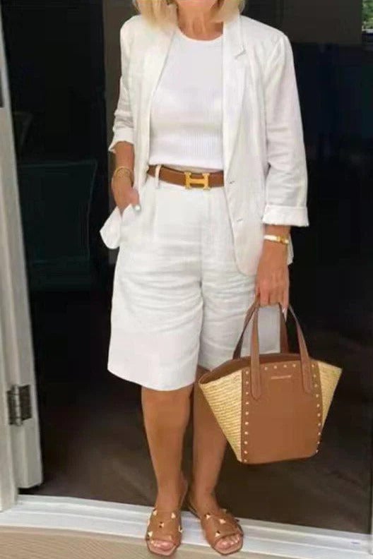 Reagan two-piece suit set in white, showing high-waist Bermuda shorts and 3/4-sleeve blazer