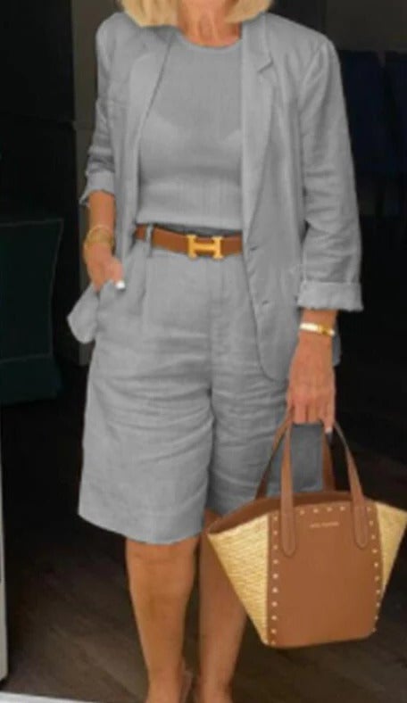 Reagan matching blazer and Bermuda shorts set in gray, full-length rear view
