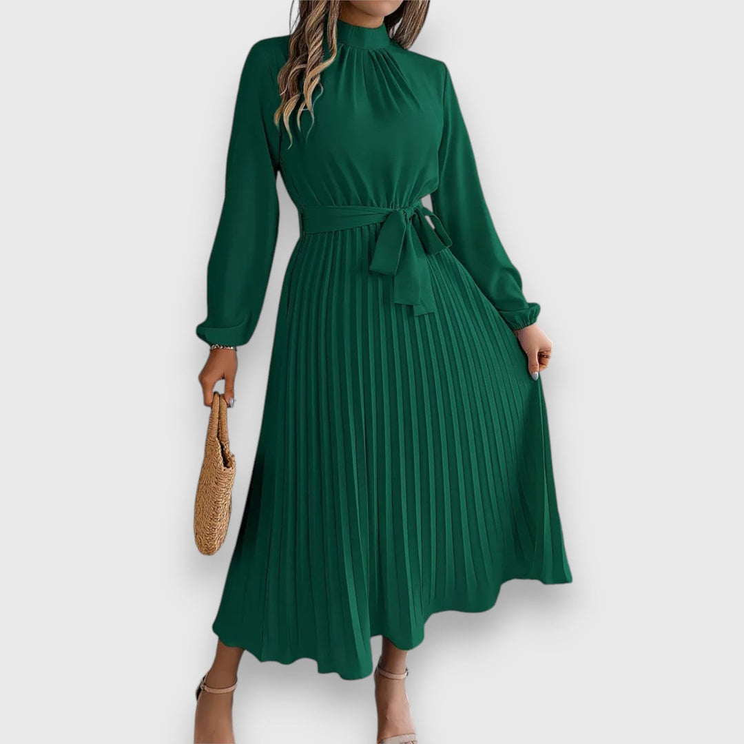 Group of elegant pleated midi dresses displayed in multiple color options