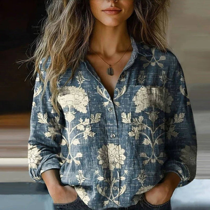 Front view of vintage-inspired boho blouse styled with jeans, available in multiple colors