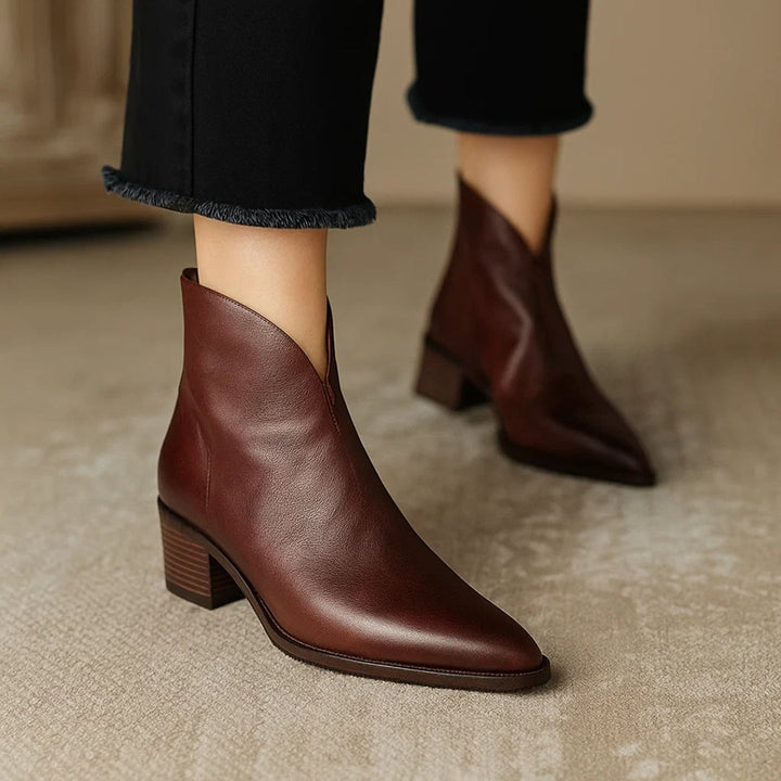 Side profile of Rebecca brown leather ankle boots showing slim ankle silhouette