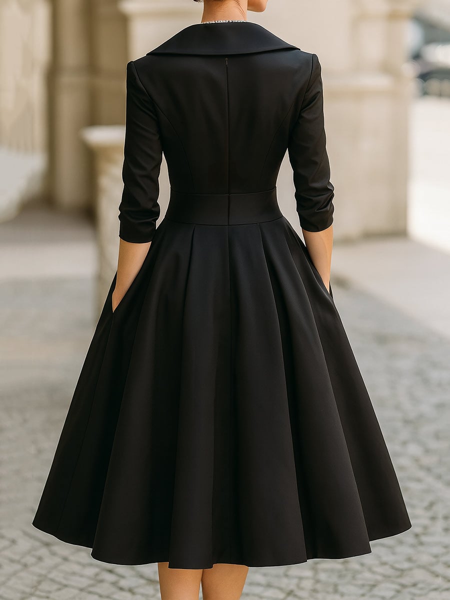 Full-length view of the Reece elegant midi dress available in multiple colors including blue, burgundy, and black