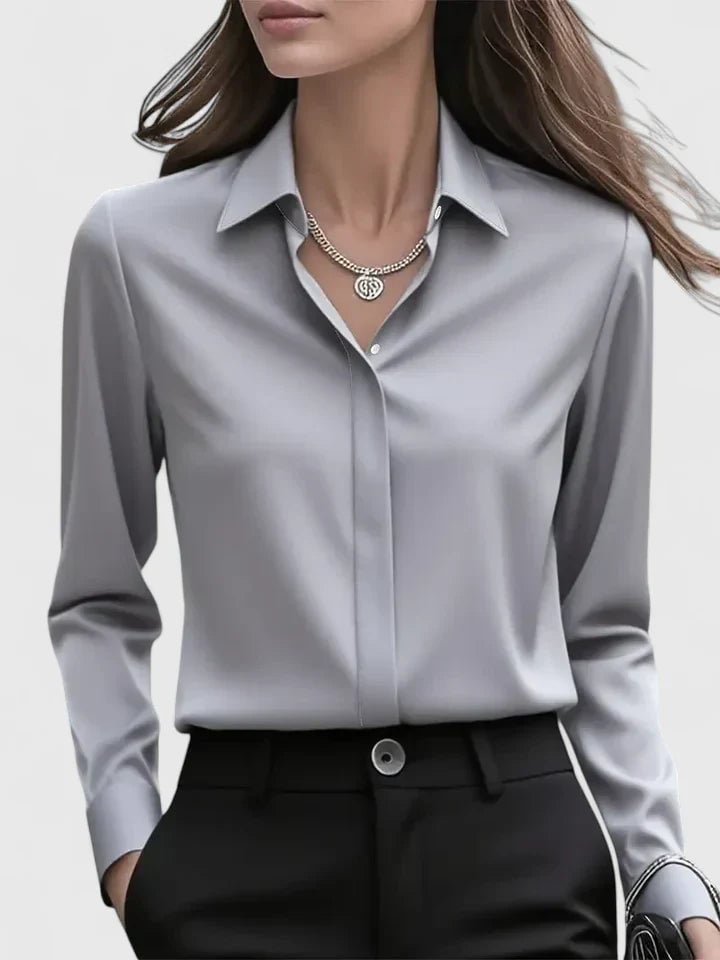 Back view of the Reese satin button-down shirt in navy blue