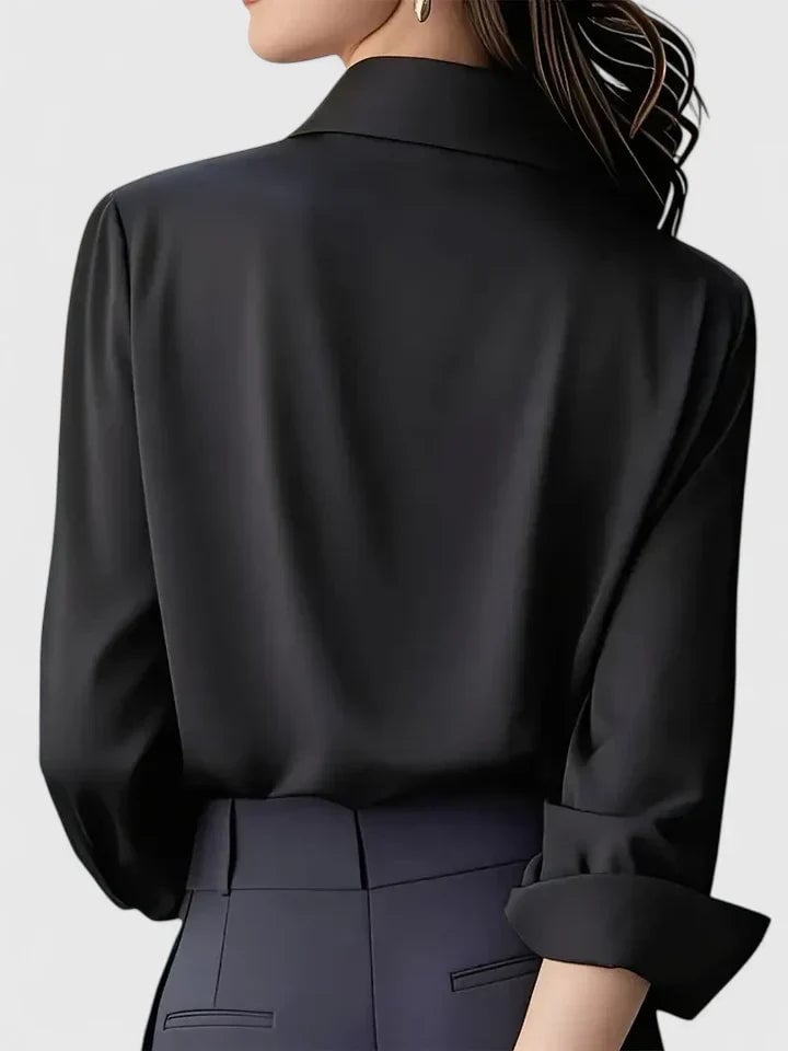 Reese women's satin button-down shirt in black with concealed placket and pointed collar
