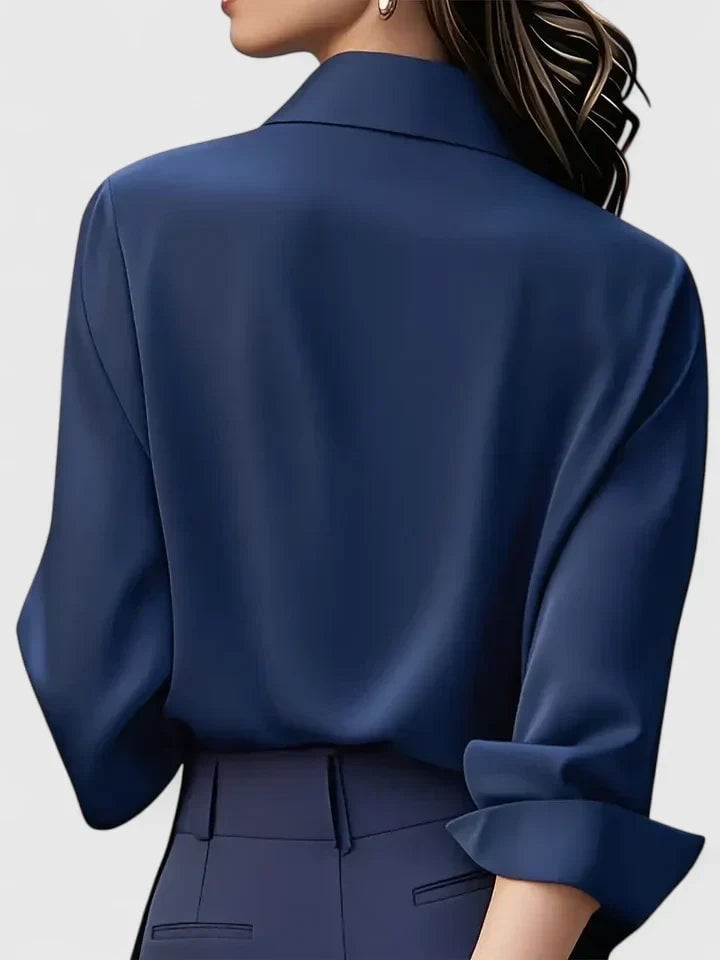 Reese satin button-down shirt in gray styled with a blazer for a smart workwear outfit