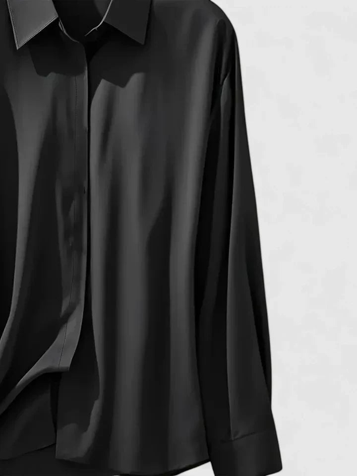 Size chart detail for the Reese satin button-down shirt showing bust, sleeve length, and overall length measurements