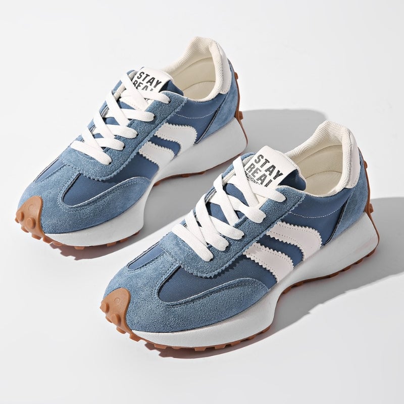 Reeve retro platform sneakers in green, side profile showing suede-look upper and thick white midsole