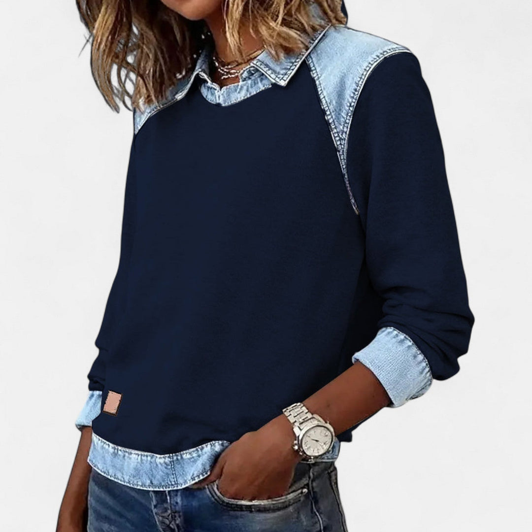 Regina long sleeve sweater in pink displayed on a model highlighting the relaxed comfortable silhouette