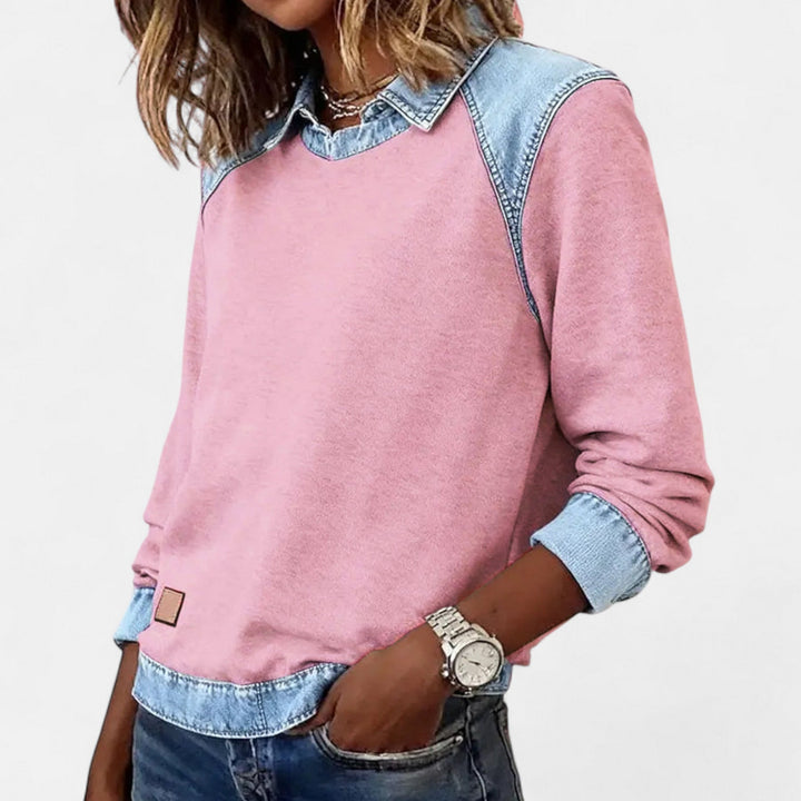 Group of Regina long sleeve sweaters in all six colors — beige, navy blue, gray, khaki, pink, and black