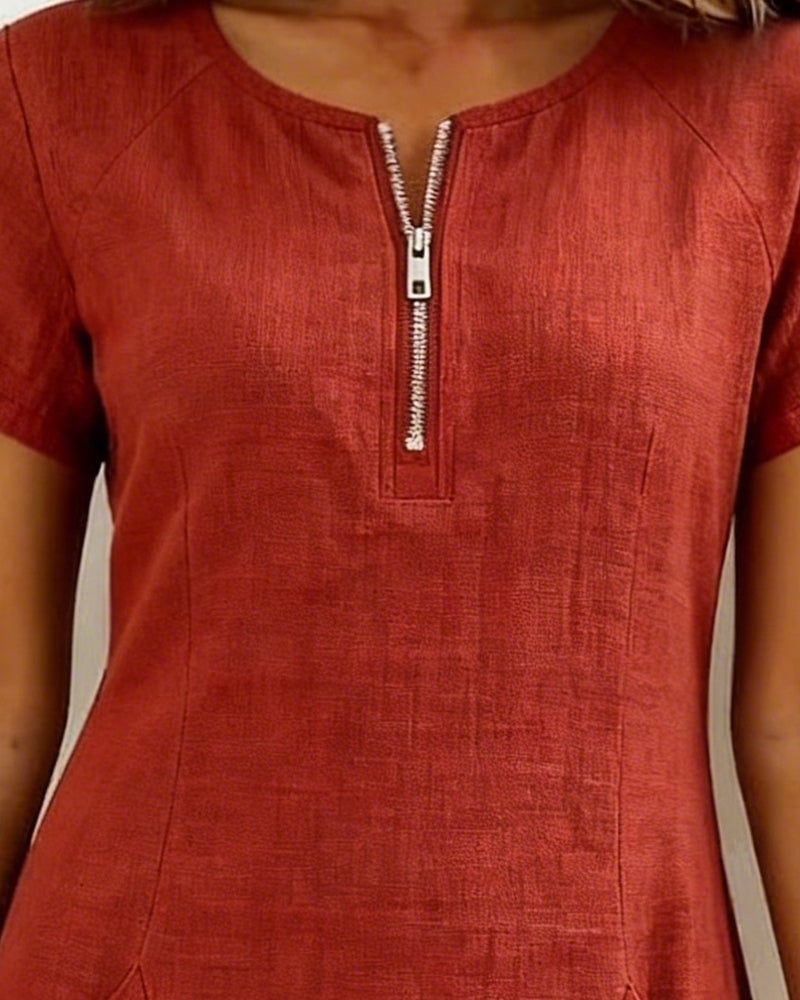 Remi red shift dress back view showing clean shift silhouette
